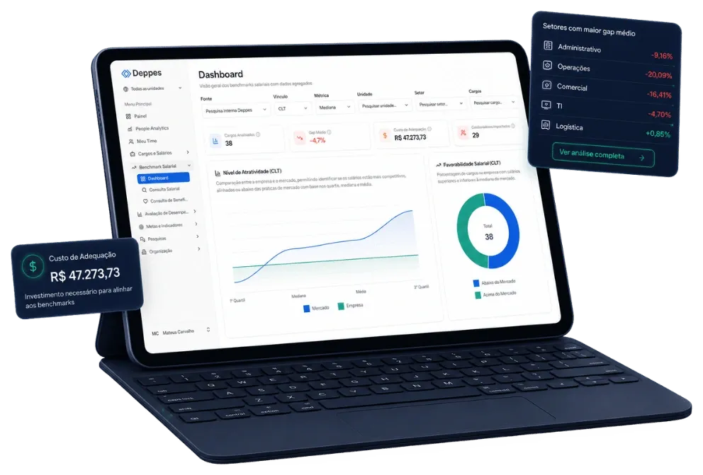 Dashboard de Benchmark Salarial da Deppes com atratividade, favorabilidade e custo de adequação frente ao mercado