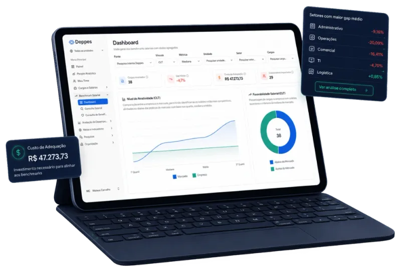 Dashboard de Benchmark Salarial da Deppes com atratividade, favorabilidade e custo de adequação frente ao mercado