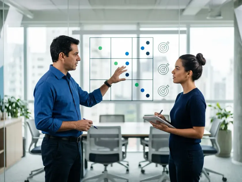 Gestora e colaborador em conversa de avaliação de desempenho, ambiente de trabalho